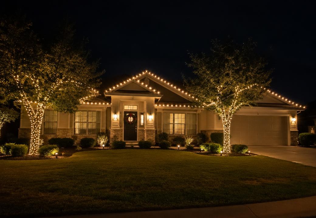 Ranch home with roofline lights and wrapped front-yard trees
